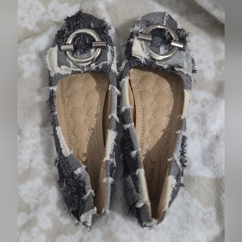 Victoria K Frayed Black and White Slip-On Flats with Silver Buckle